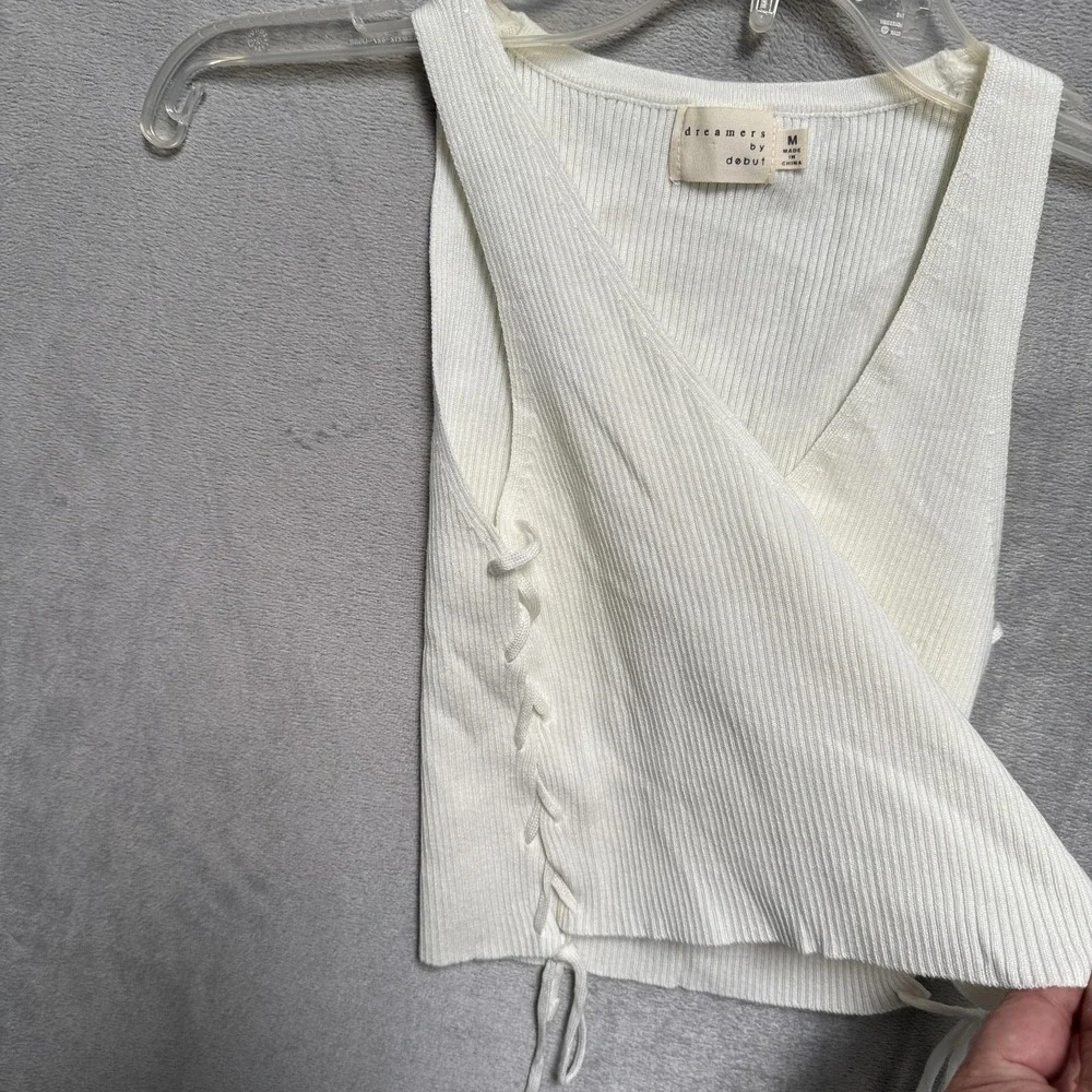 Dreamers By Debut Sweater Vest Womens Medium White‎ Ribbed Knit Lace Up Side